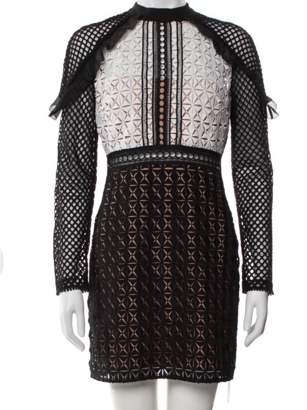 Self-Portrait Black and White Long-Sleeve Geometric Lace Mini Dress